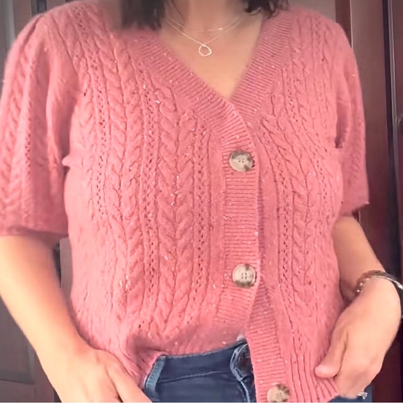 LOFT Flecked Stitchy Puff Sleeve Cardigan Sweater - Picture 7 of 9